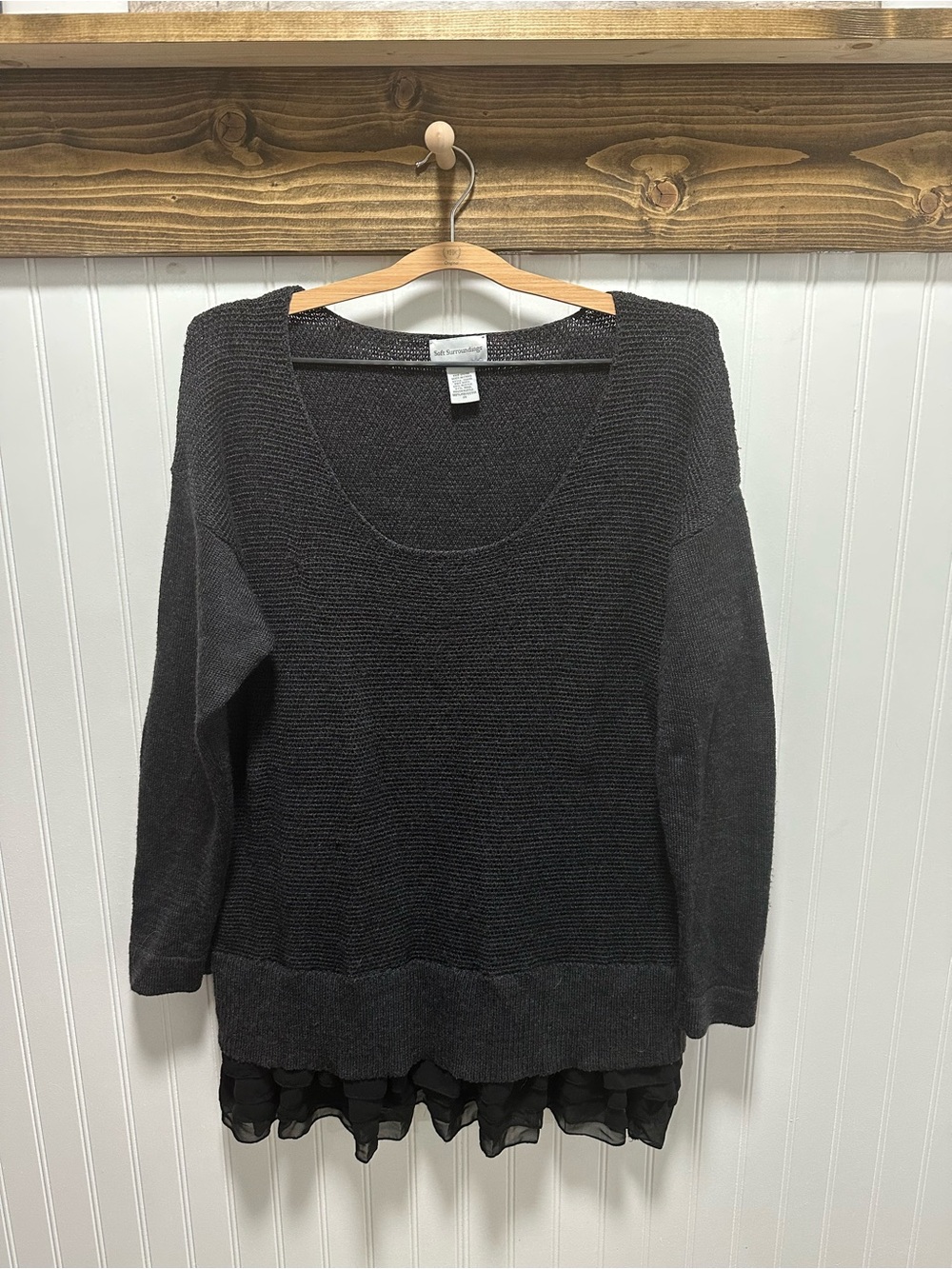 Soft Surroundings Lagenlook wool blend Black Textured Knit Sweater 2X ruffle hem